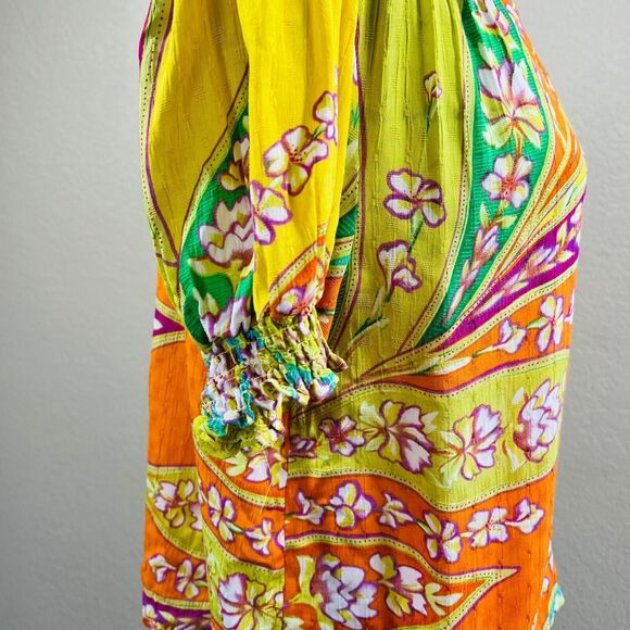 Haute Hippie multi floral blouse short sleeves and gather cuff size M boho - Picture 8 of 14